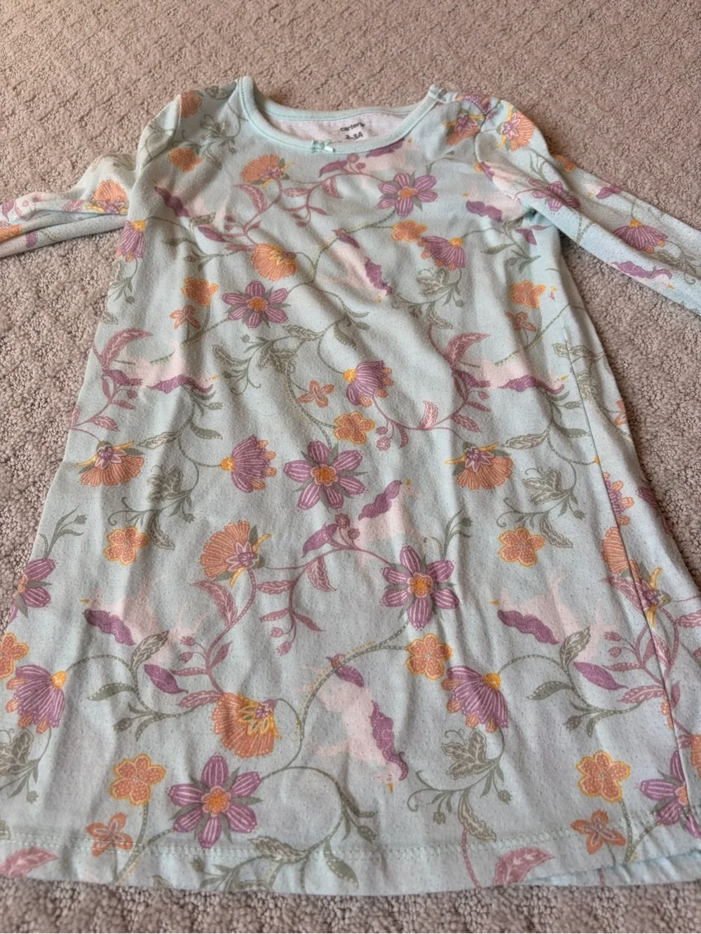 Carter's Light Mint Floral Long-Sleeve Nightgown with Pink and Orange Flowers